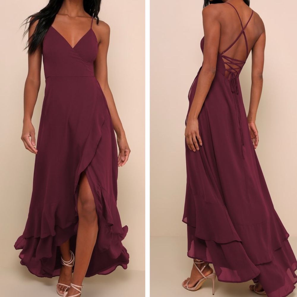 ✨NWT Lulu's In Love Forever Plum Lace-Up High Low Maxi Dress Bridesmaid
